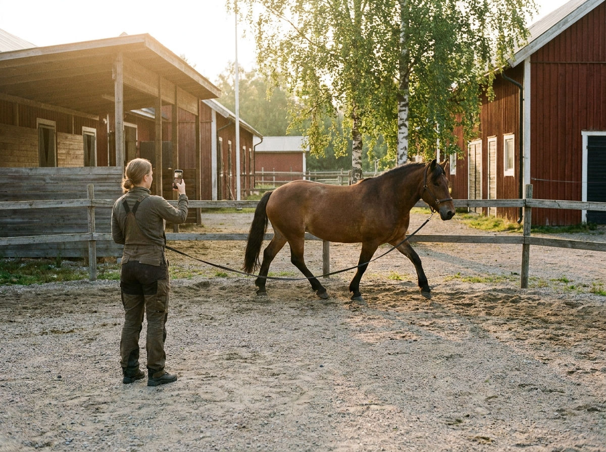 Person som longerer hest og filmer med mobil